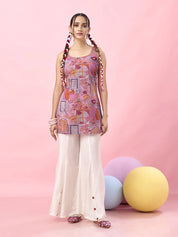 Pink Jharokha & Floral Printed Cotton Short Kurti with Tie-Back Detail