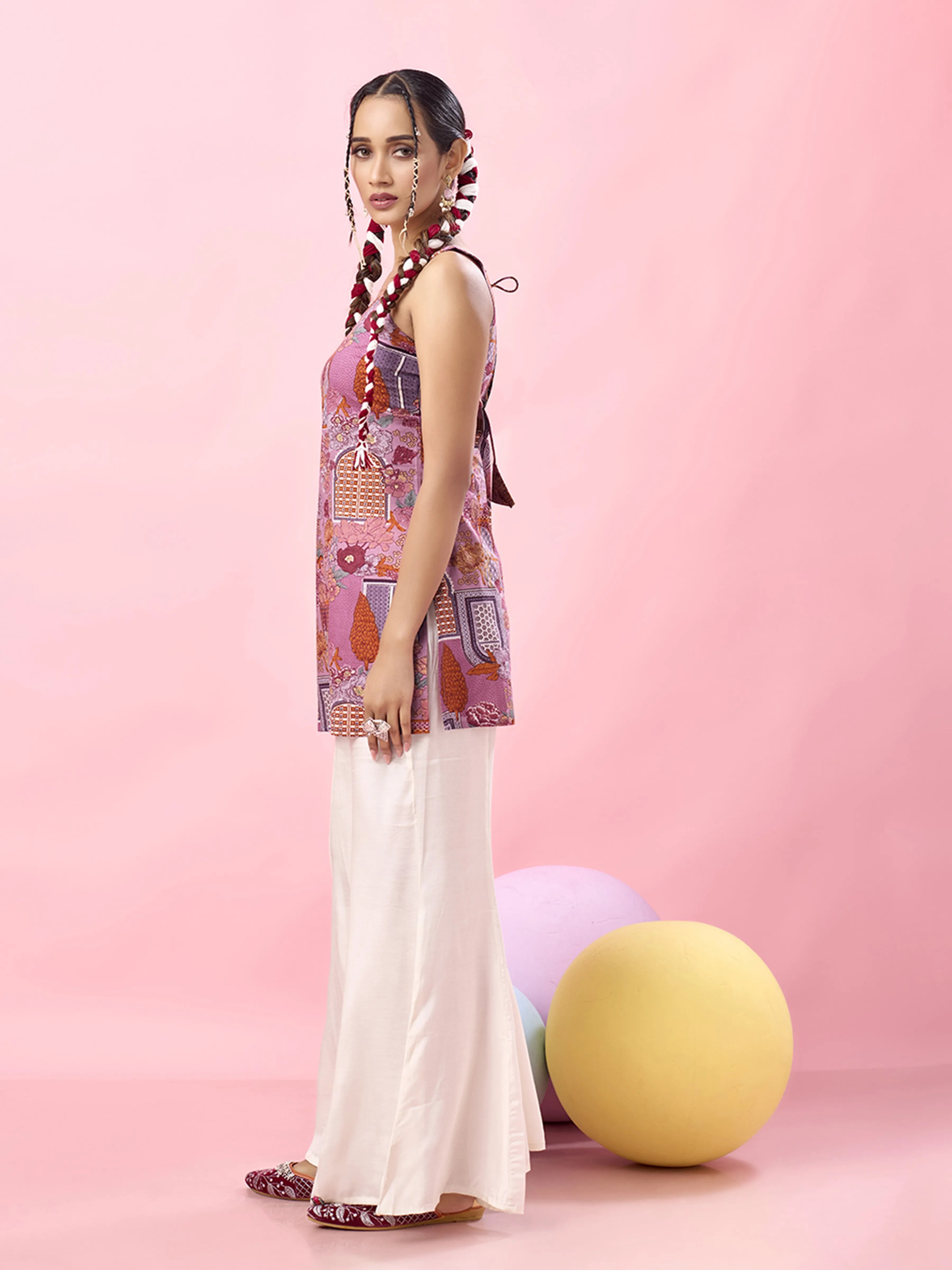 Pink Jharokha & Floral Printed Cotton Short Kurti with Tie-Back Detail