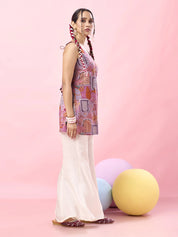 Pink Jharokha & Floral Printed Cotton Short Kurti with Tie-Back Detail