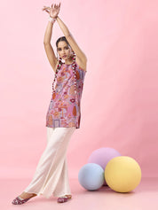 Pink Jharokha & Floral Printed Cotton Short Kurti with Tie-Back Detail