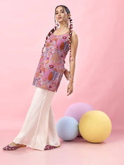Pink Jharokha & Floral Printed Cotton Short Kurti with Tie-Back Detail
