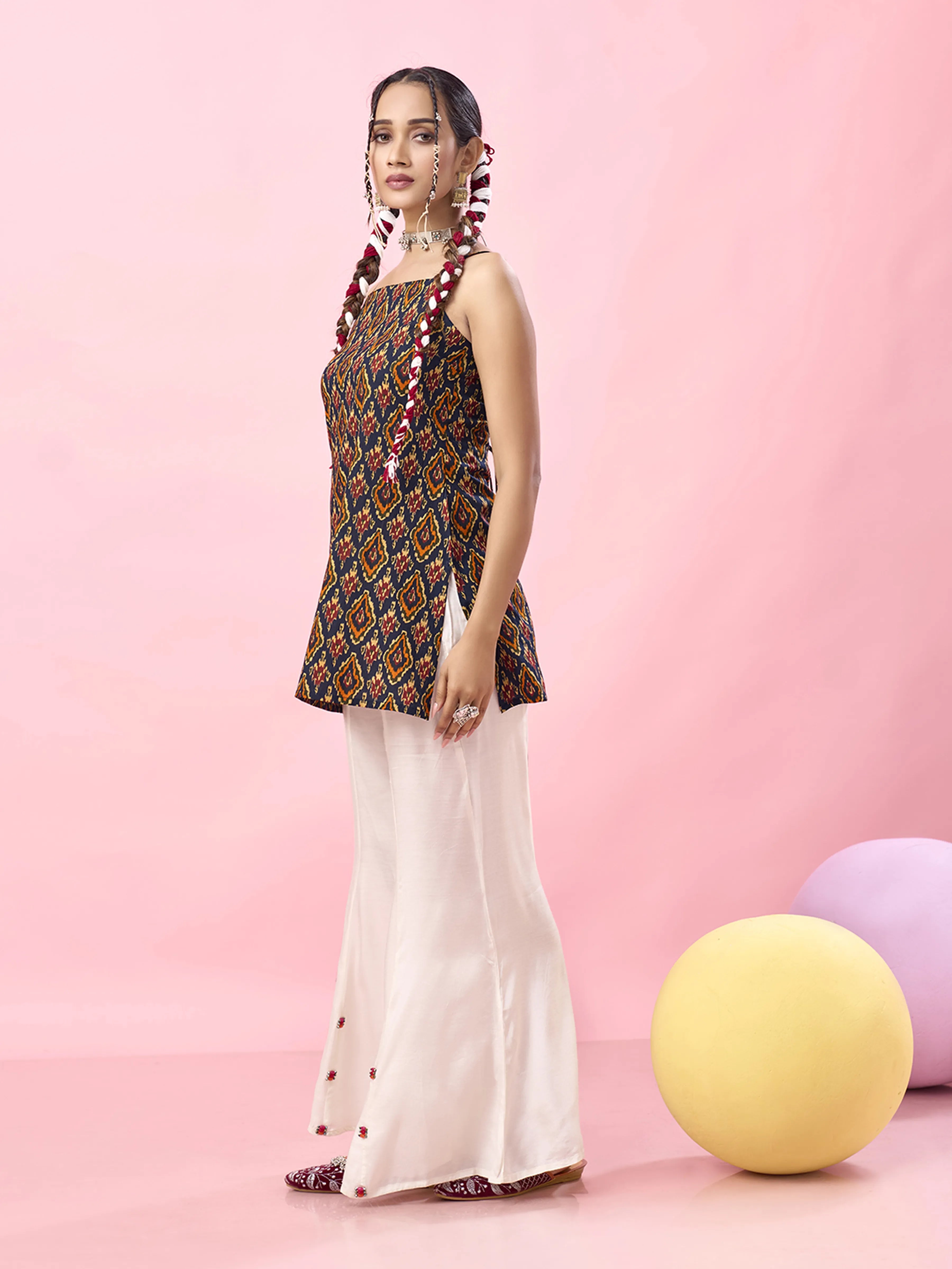 Navy Base Multicolor Ikat Printed Criss-Cross Back Cotton Short Kurti