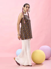 Navy Base Multicolor Ikat Printed Criss-Cross Back Cotton Short Kurti