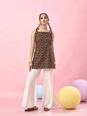 Navy Base Multicolor Ikat Printed Criss-Cross Back Cotton Short Kurti