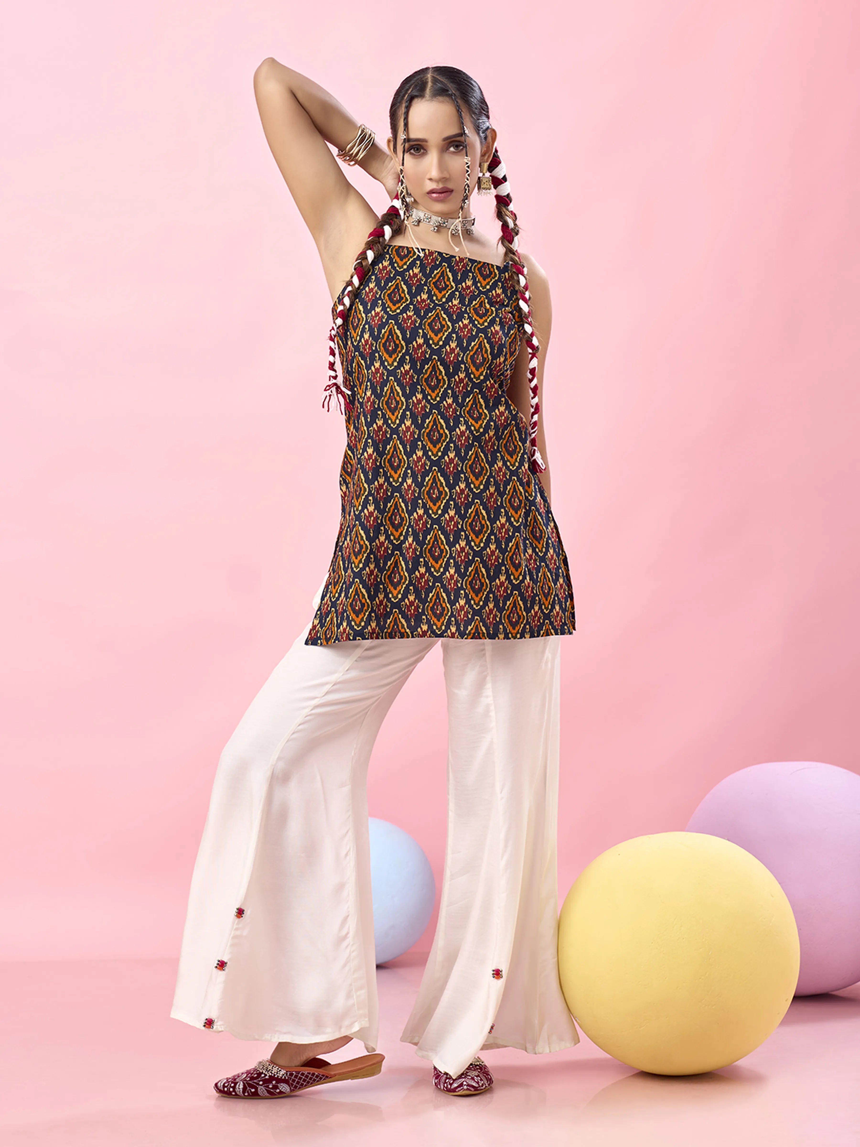 Navy Base Multicolor Ikat Printed Criss-Cross Back Cotton Short Kurti