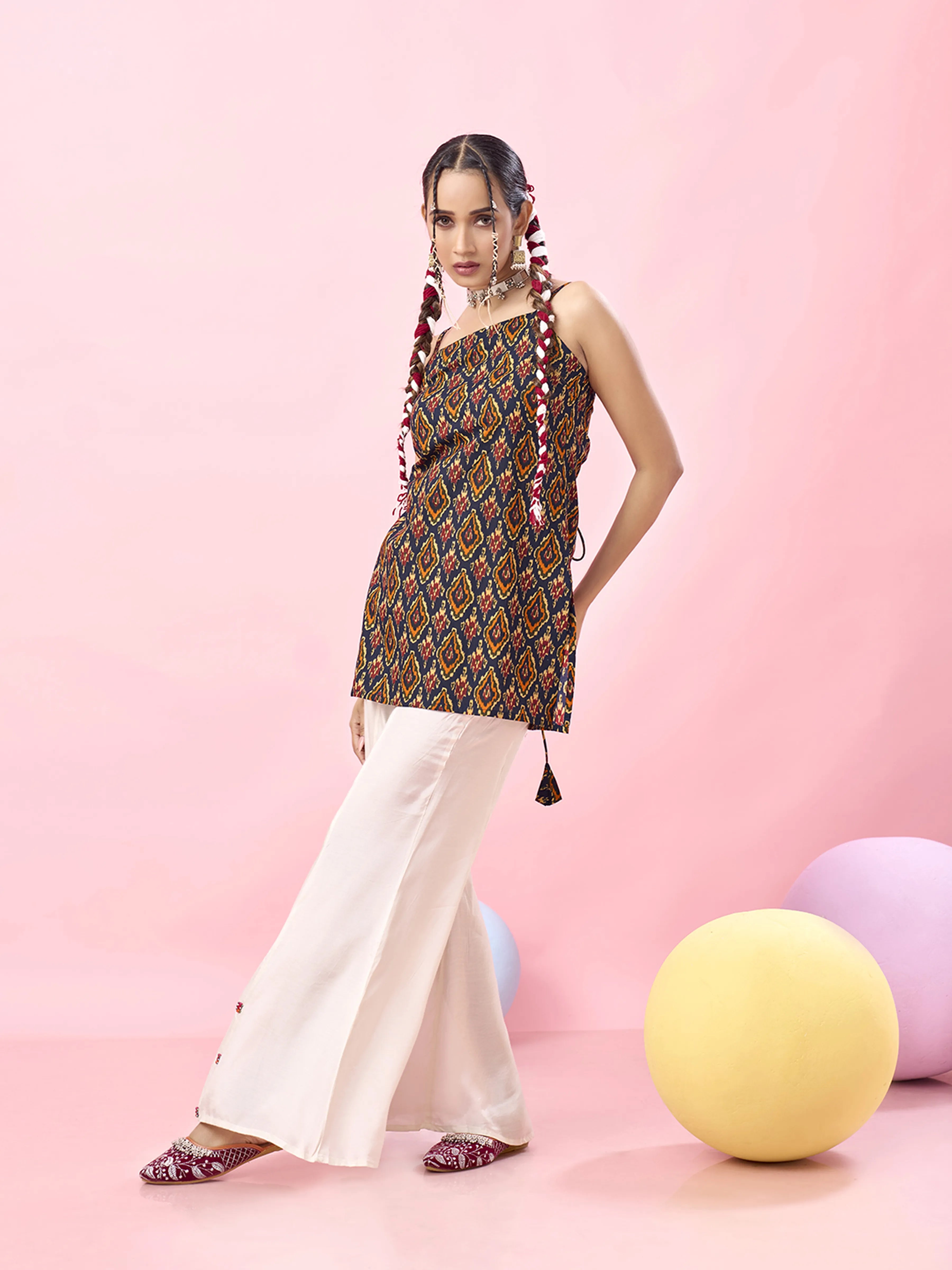 Navy Base Multicolor Ikat Printed Criss-Cross Back Cotton Short Kurti