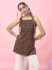 Navy Base Multicolor Ikat Printed Criss-Cross Back Cotton Short Kurti