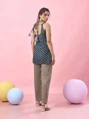 Blue Lotus Printed Cotton Short Kurti with Dori Back