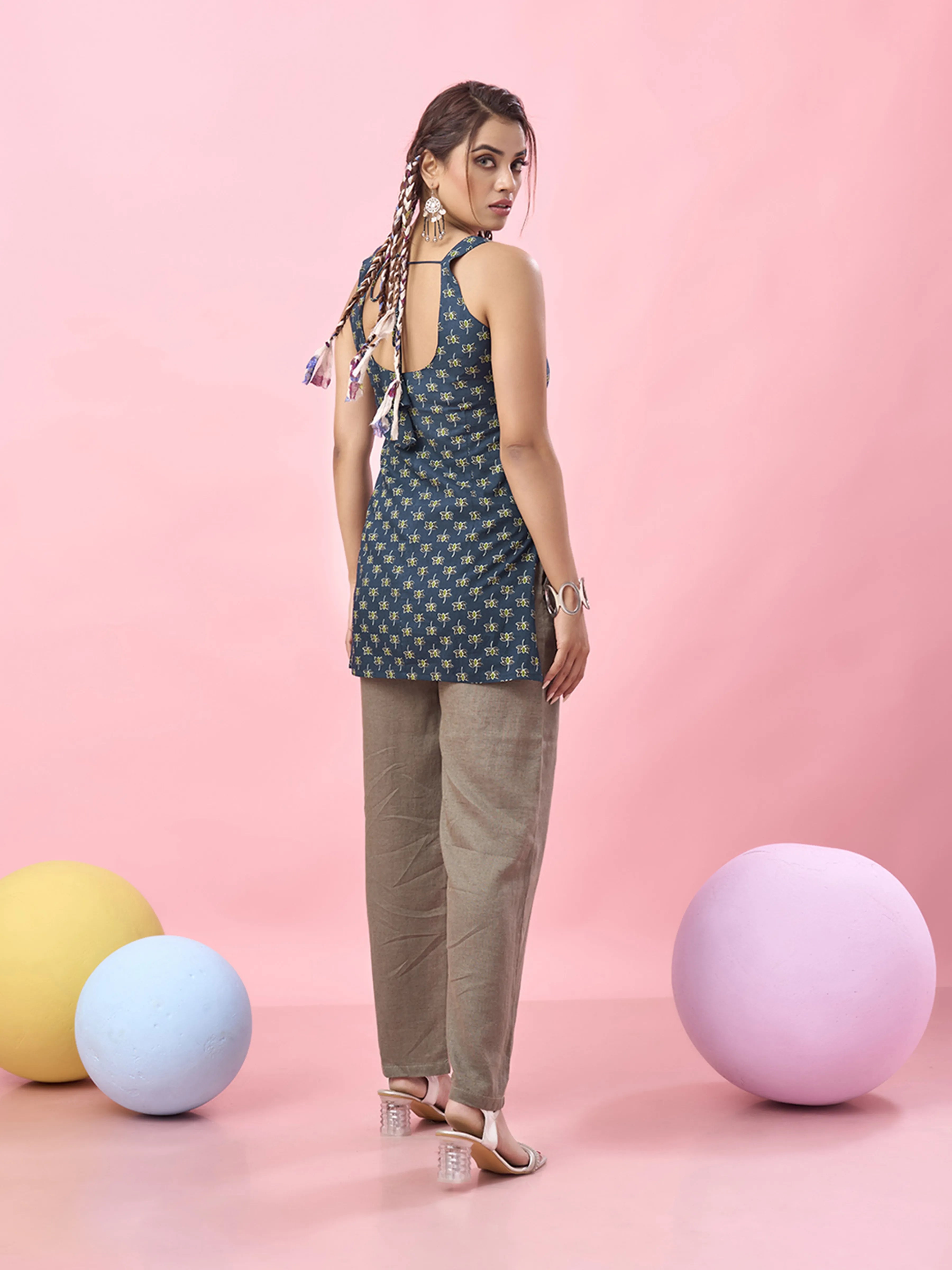 Blue Lotus Printed Cotton Short Kurti with Dori Back