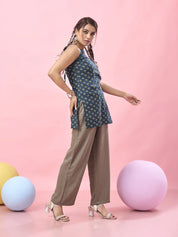 Blue Lotus Printed Cotton Short Kurti with Dori Back