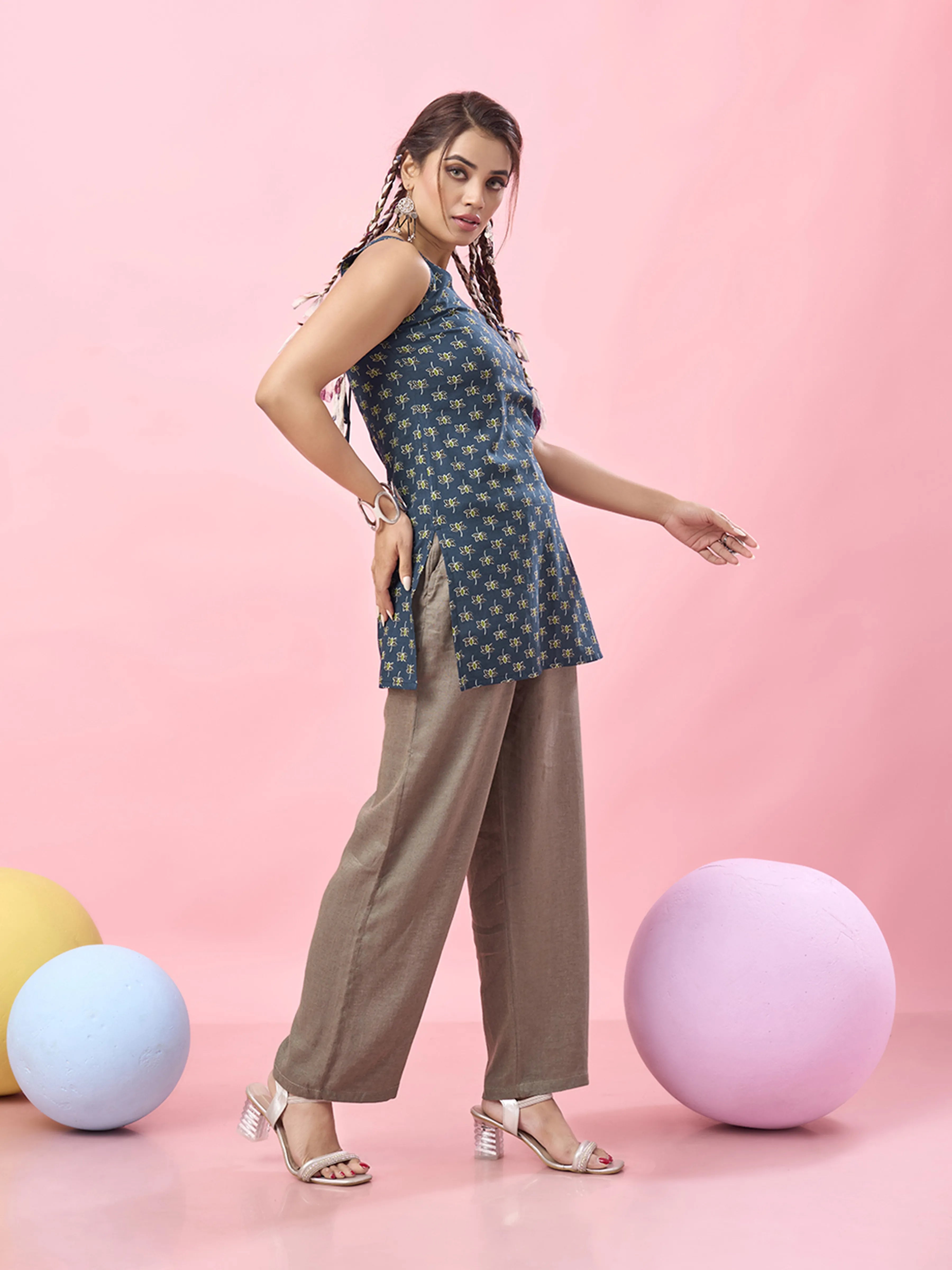 Blue Lotus Printed Cotton Short Kurti with Dori Back