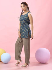 Blue Lotus Printed Cotton Short Kurti with Dori Back