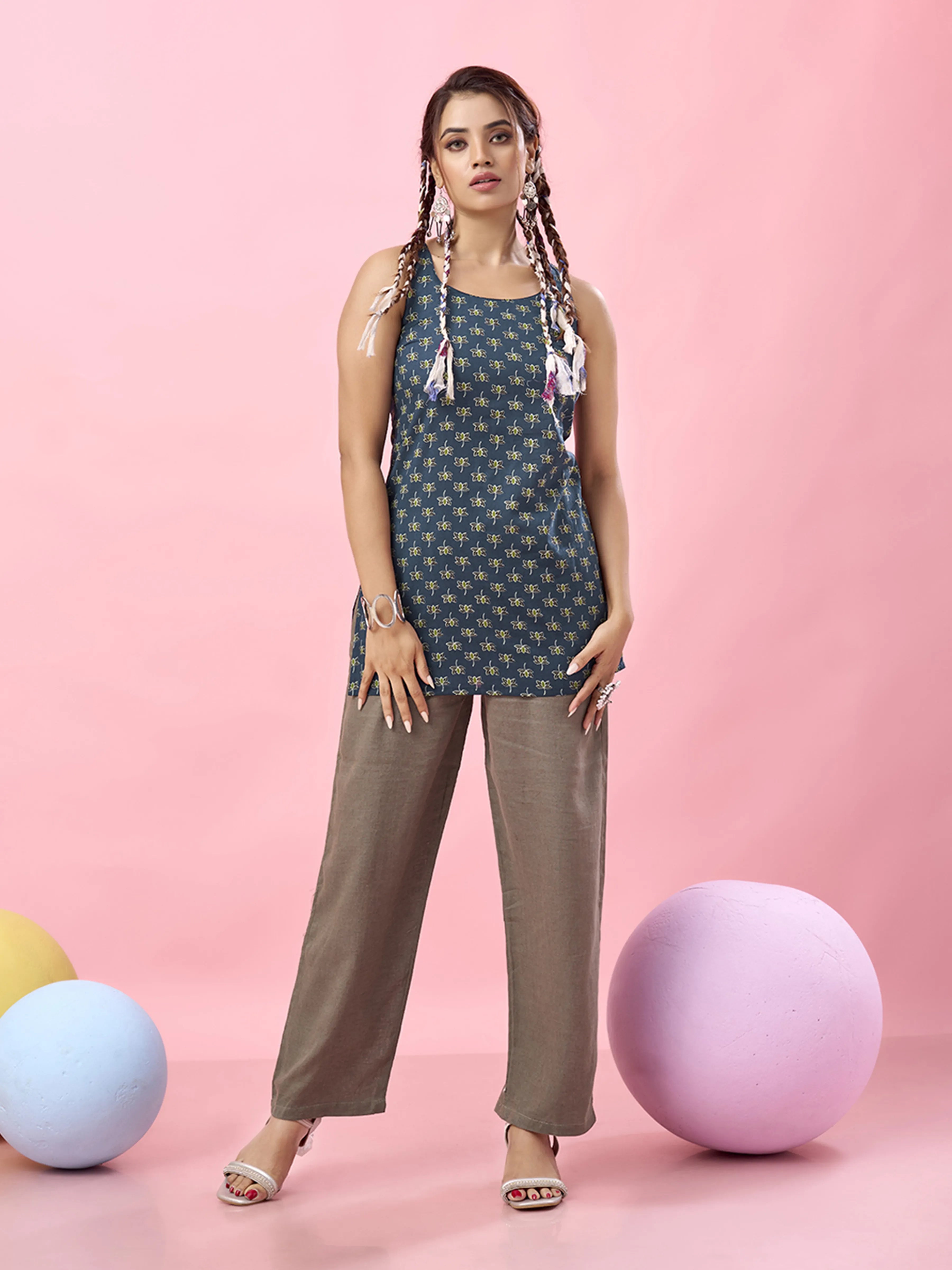 Blue Lotus Printed Cotton Short Kurti with Dori Back