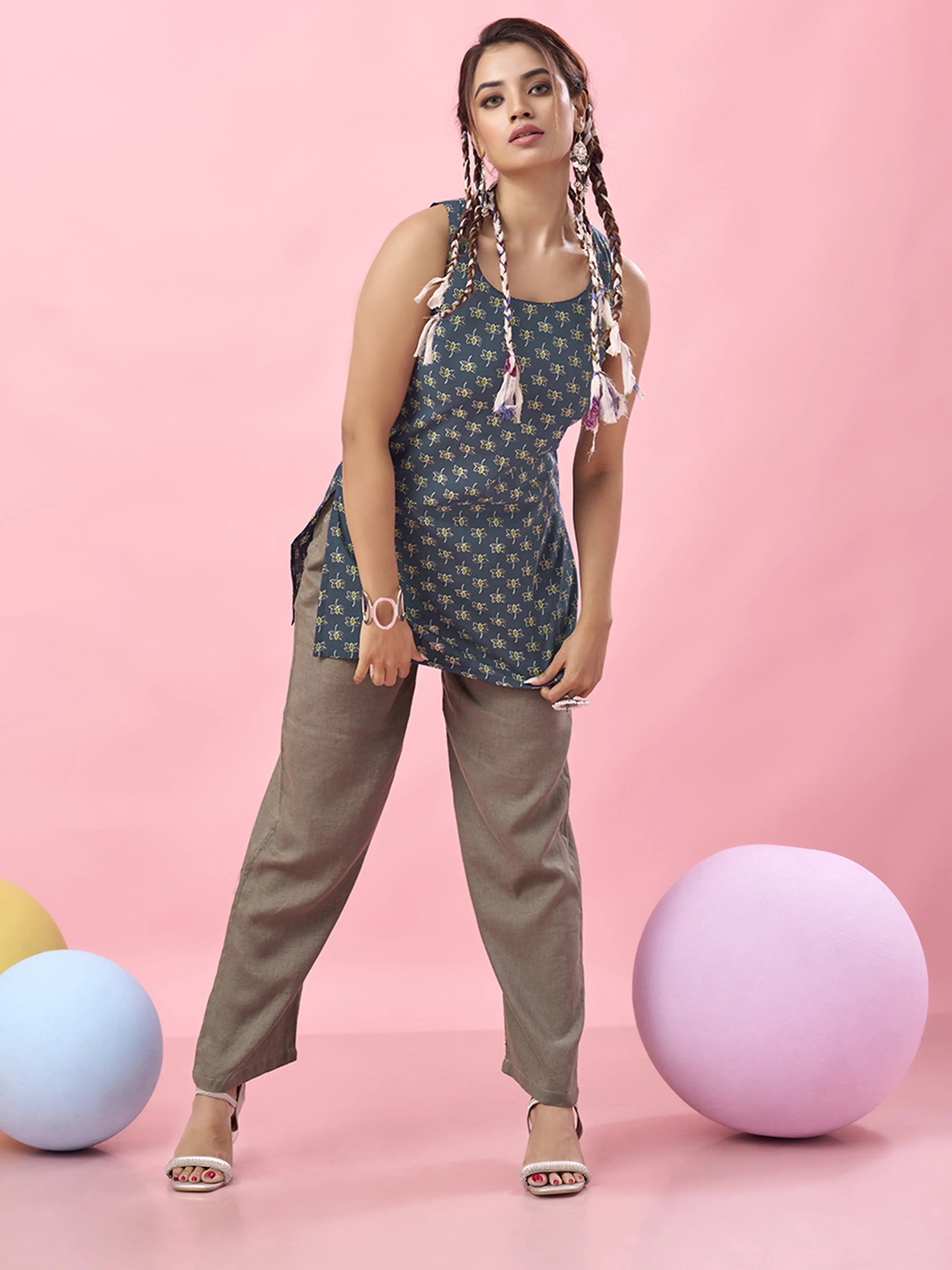 Blue Lotus Printed Cotton Short Kurti with Dori Back