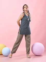 Blue Lotus Printed Cotton Short Kurti with Dori Back