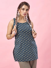 Blue Lotus Printed Cotton Short Kurti with Dori Back
