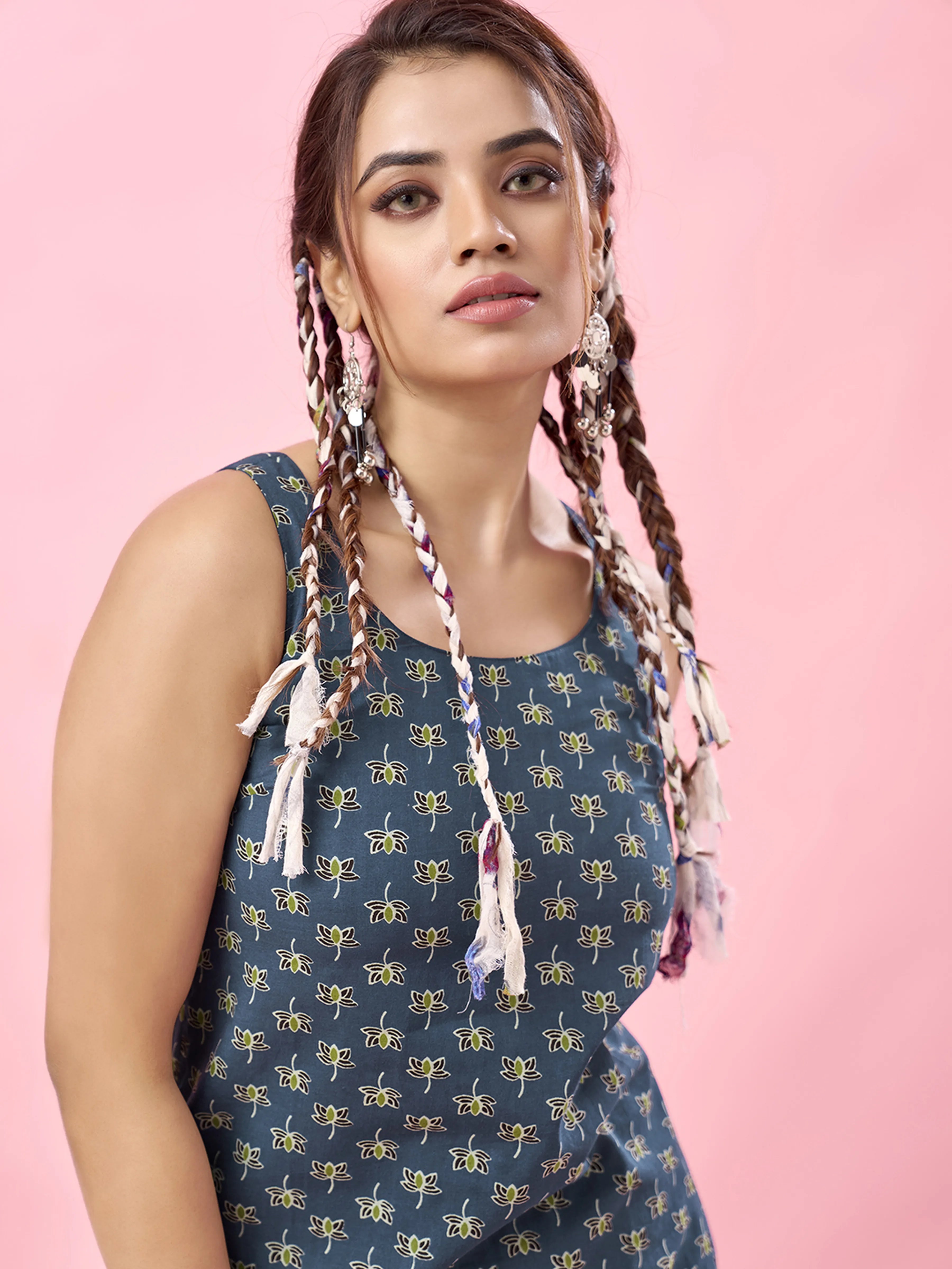 Blue Lotus Printed Cotton Short Kurti with Dori Back