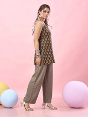 Dark Blue Sunflower Printed Cotton Short Kurti with Criss-Cross Tie-Back