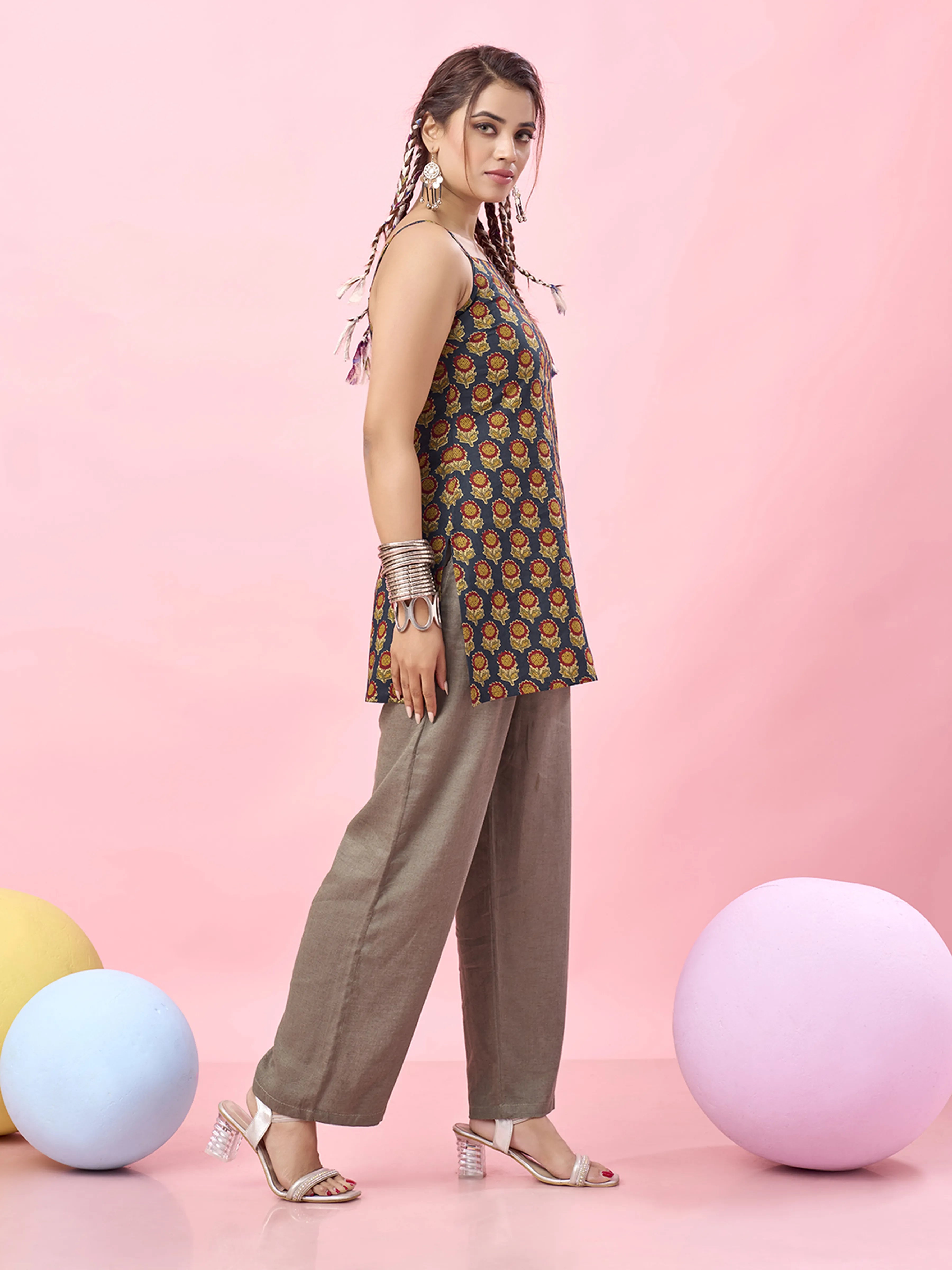 Dark Blue Sunflower Printed Cotton Short Kurti with Criss-Cross Tie-Back