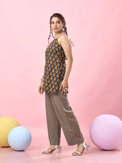 Dark Blue Sunflower Printed Cotton Short Kurti with Criss-Cross Tie-Back