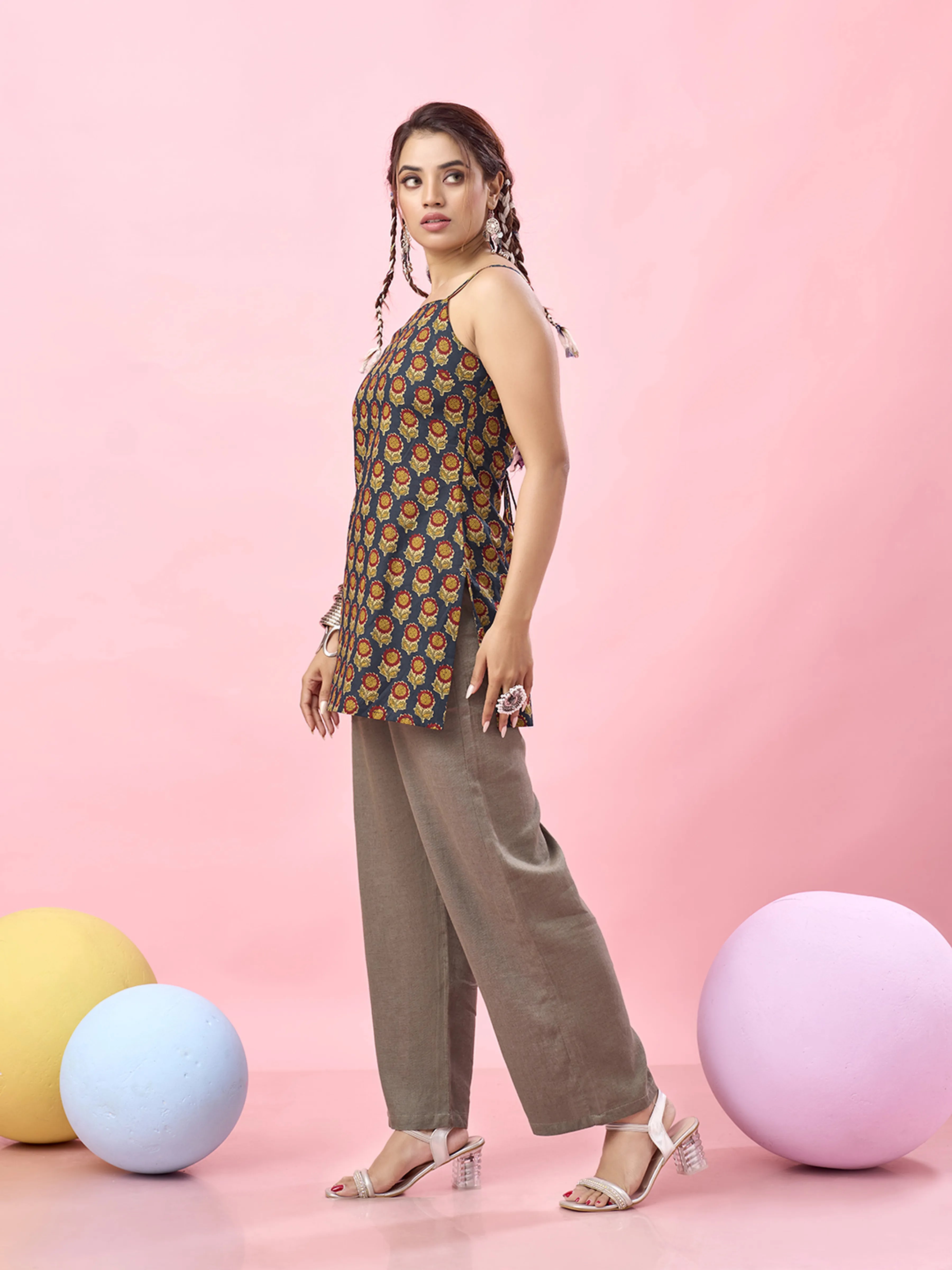 Dark Blue Sunflower Printed Cotton Short Kurti with Criss-Cross Tie-Back