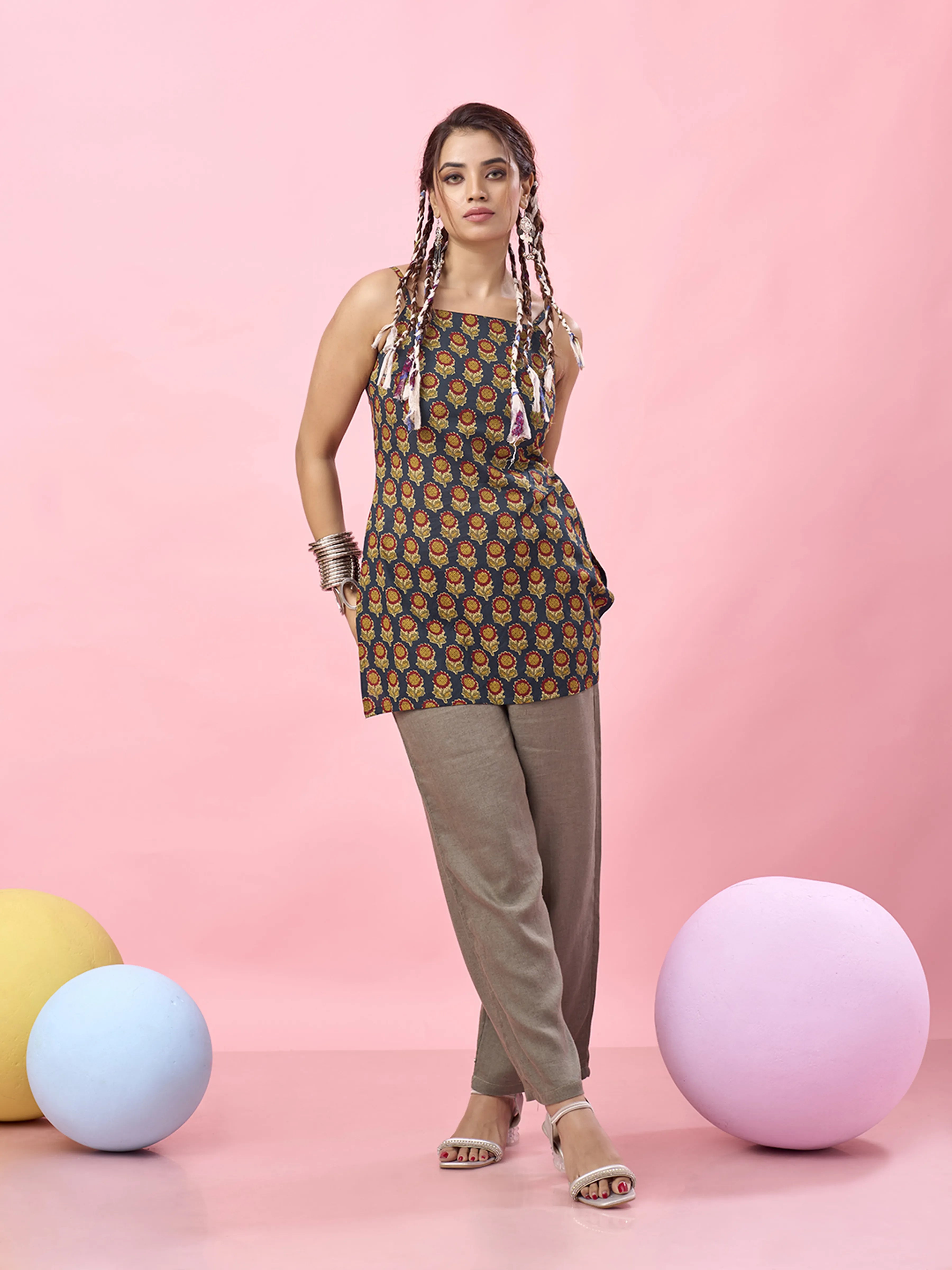 Dark Blue Sunflower Printed Cotton Short Kurti with Criss-Cross Tie-Back