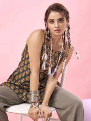 Dark Blue Sunflower Printed Cotton Short Kurti with Criss-Cross Tie-Back