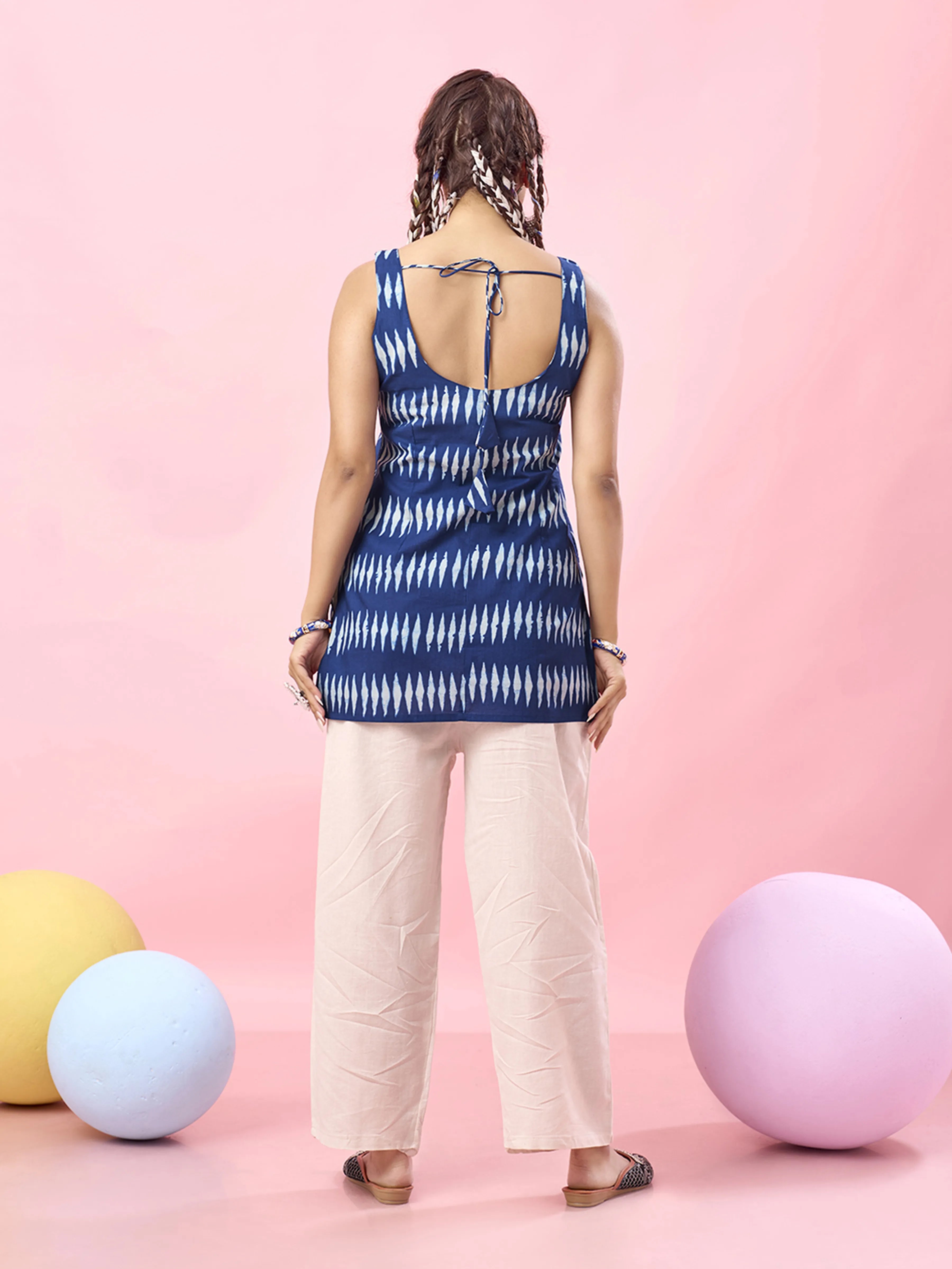 Blue Tie-Dye Sleeveless Cotton Short Kurti