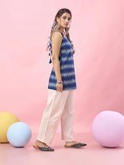 Blue Tie-Dye Sleeveless Cotton Short Kurti