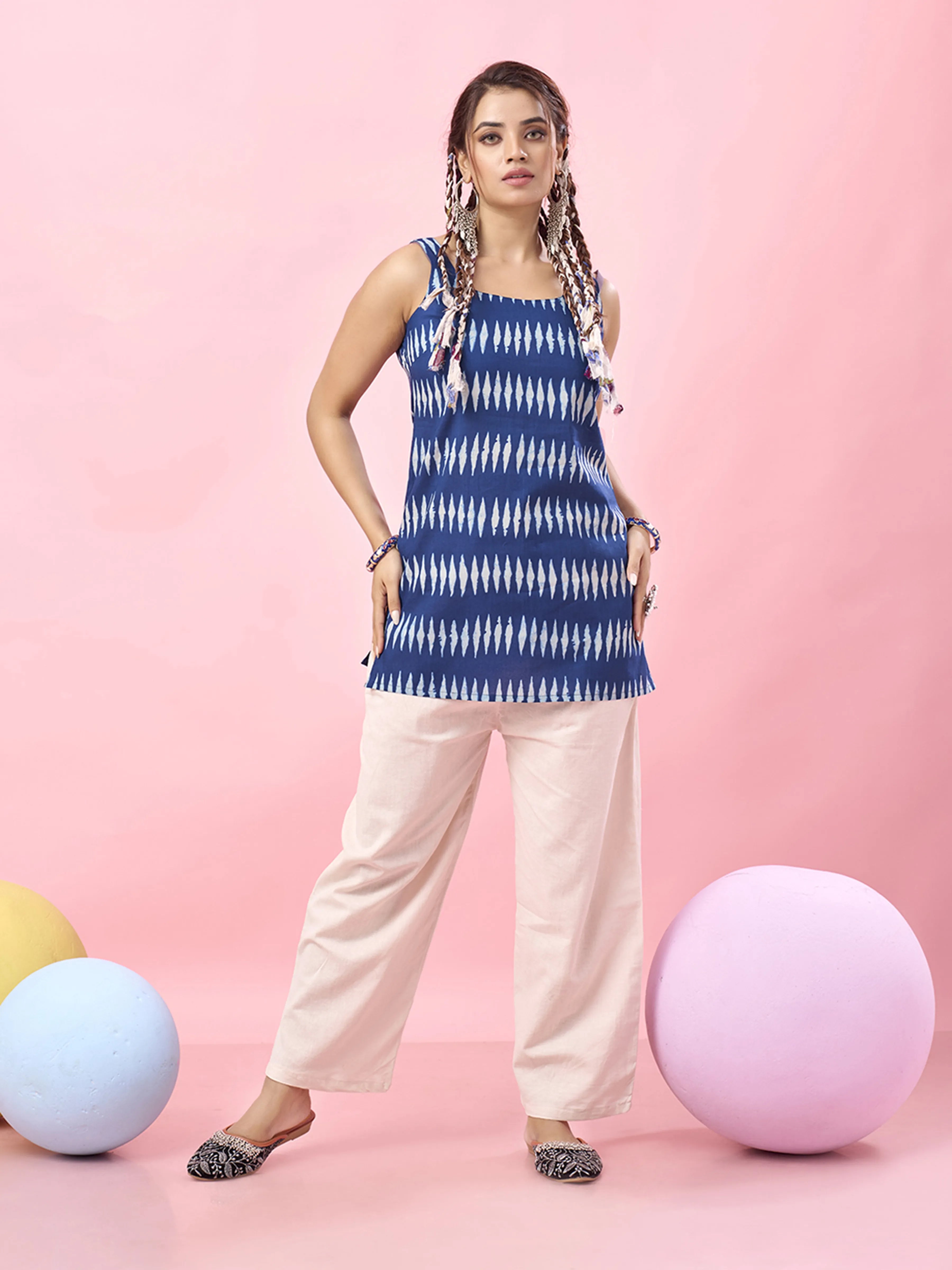 Blue Tie-Dye Sleeveless Cotton Short Kurti