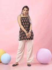Black Ikat Printed Cotton Short Kurti with Criss-Cross Tie-Back