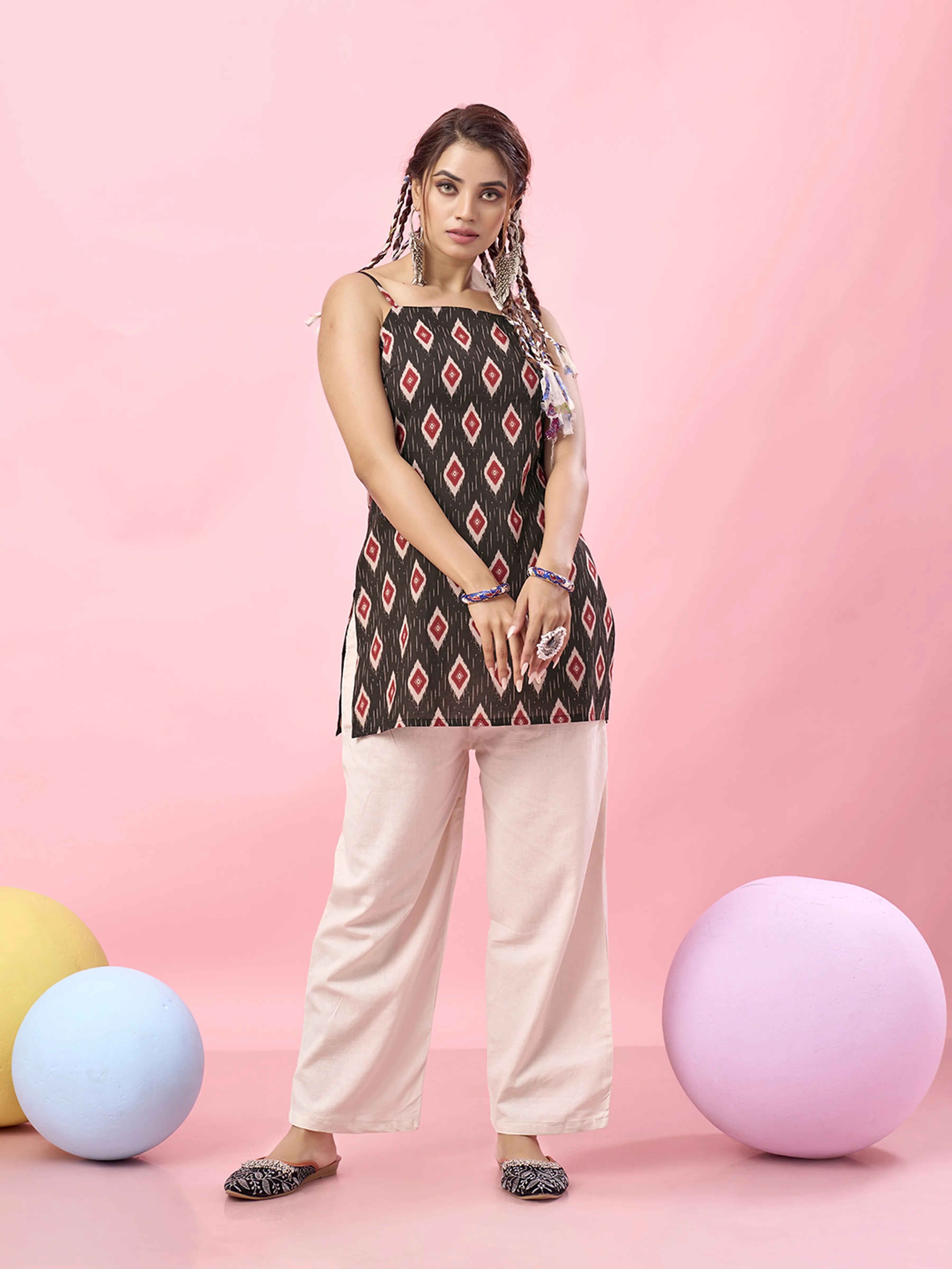 Black Ikat Printed Cotton Short Kurti with Criss-Cross Tie-Back