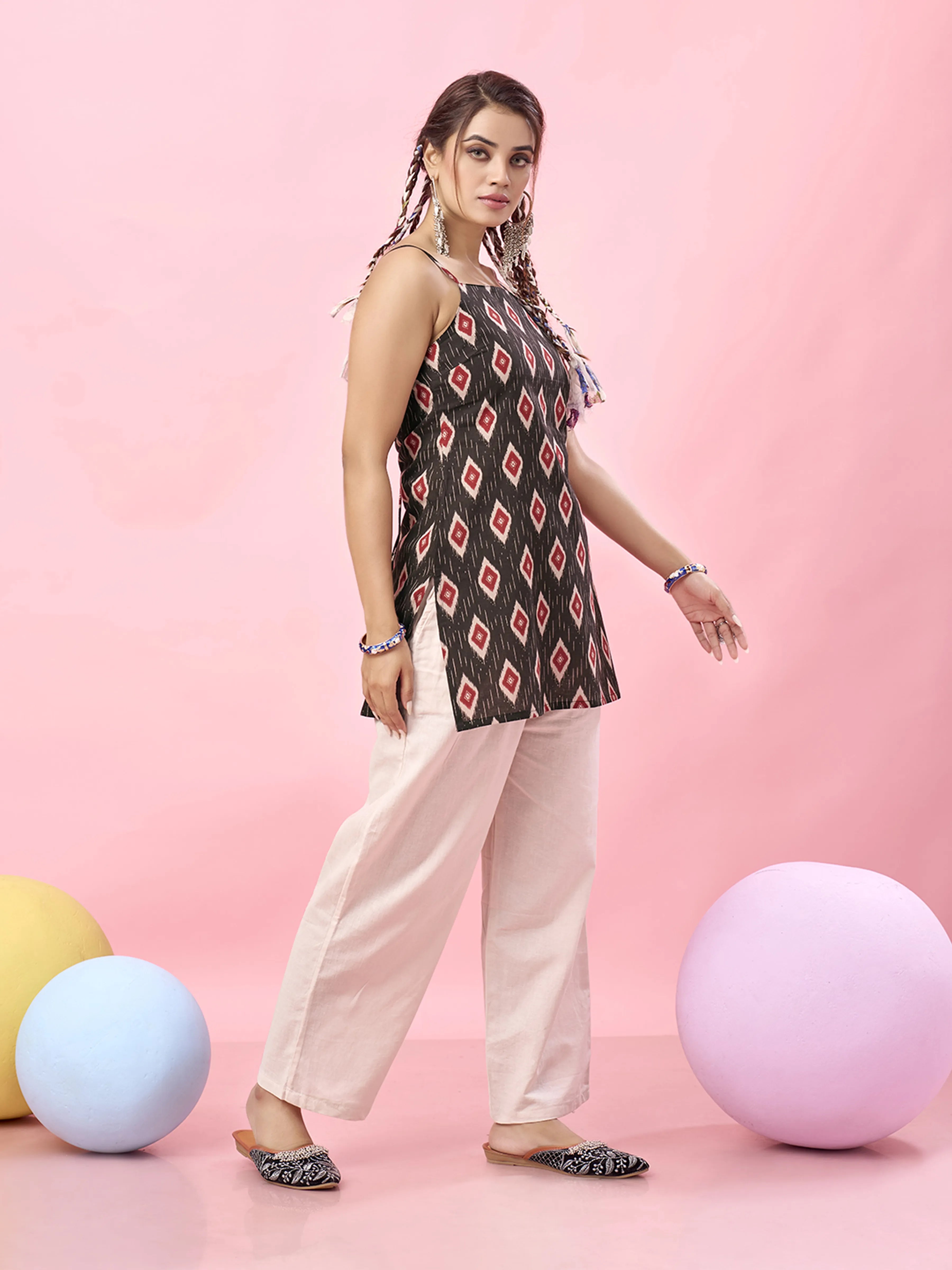 Black Ikat Printed Cotton Short Kurti with Criss-Cross Tie-Back