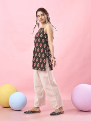 Black Ikat Printed Cotton Short Kurti with Criss-Cross Tie-Back