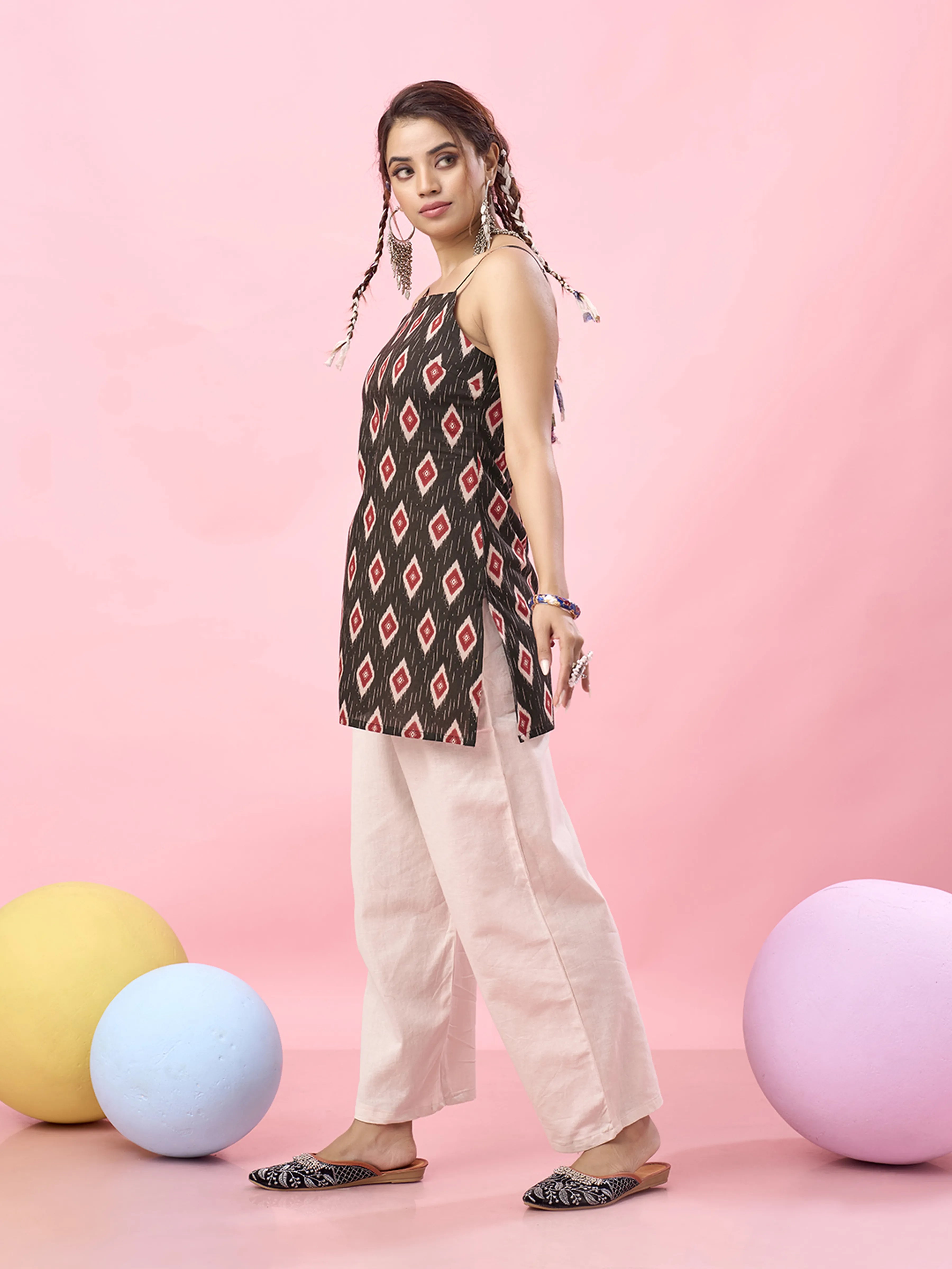 Black Ikat Printed Cotton Short Kurti with Criss-Cross Tie-Back