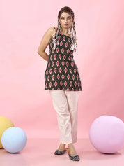 Black Ikat Printed Cotton Short Kurti with Criss-Cross Tie-Back