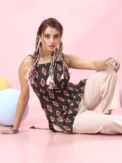 Black Ikat Printed Cotton Short Kurti with Criss-Cross Tie-Back