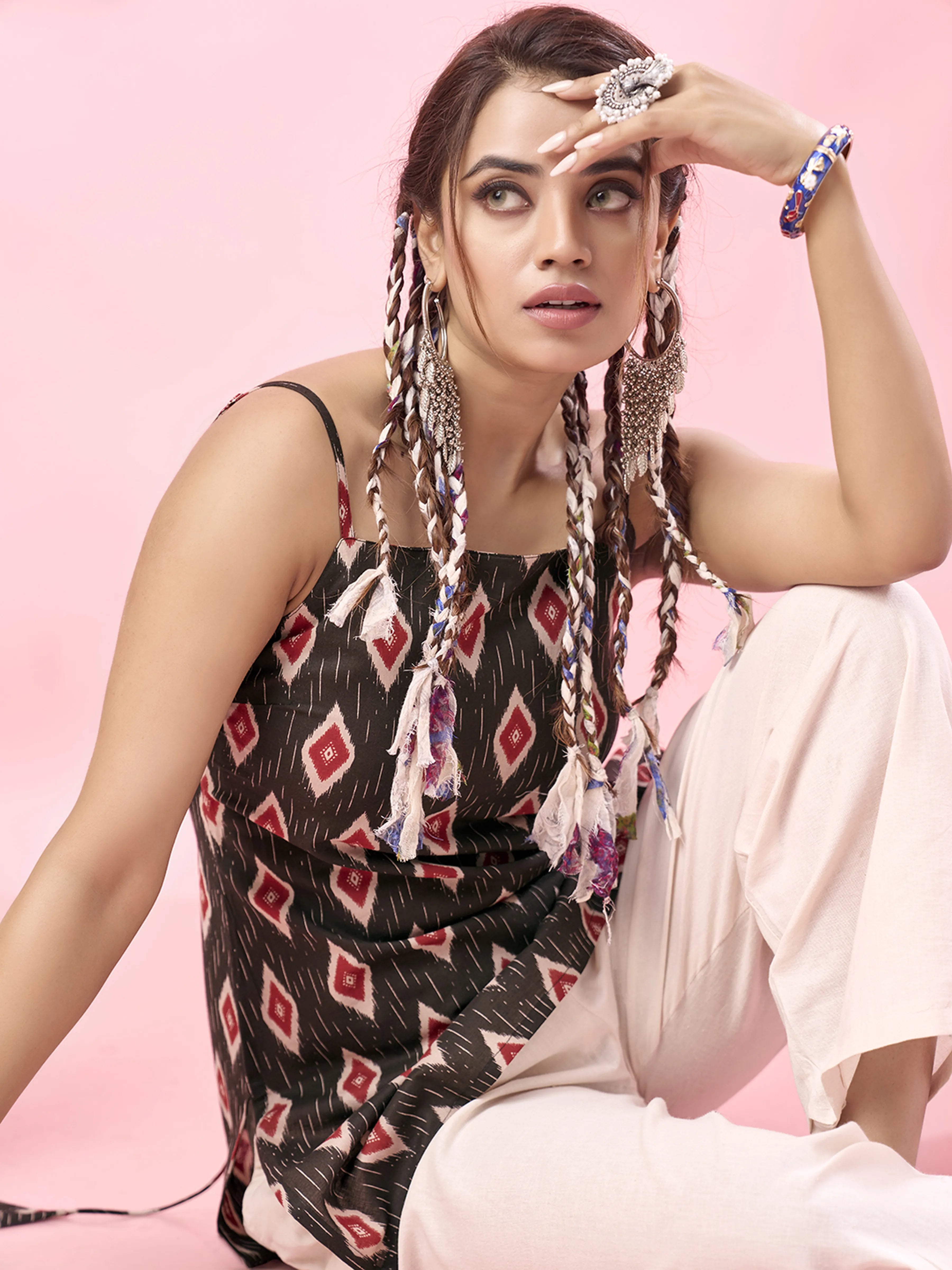 Black Ikat Printed Cotton Short Kurti with Criss-Cross Tie-Back