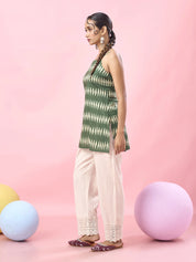 Green Tie-Dye Printed Cotton Short Kurti with Criss-Cross Tie-Back