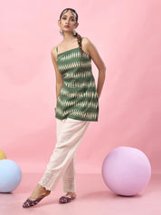Green Tie-Dye Printed Cotton Short Kurti with Criss-Cross Tie-Back