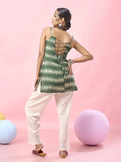 Green Tie-Dye Printed Cotton Short Kurti with Criss-Cross Tie-Back