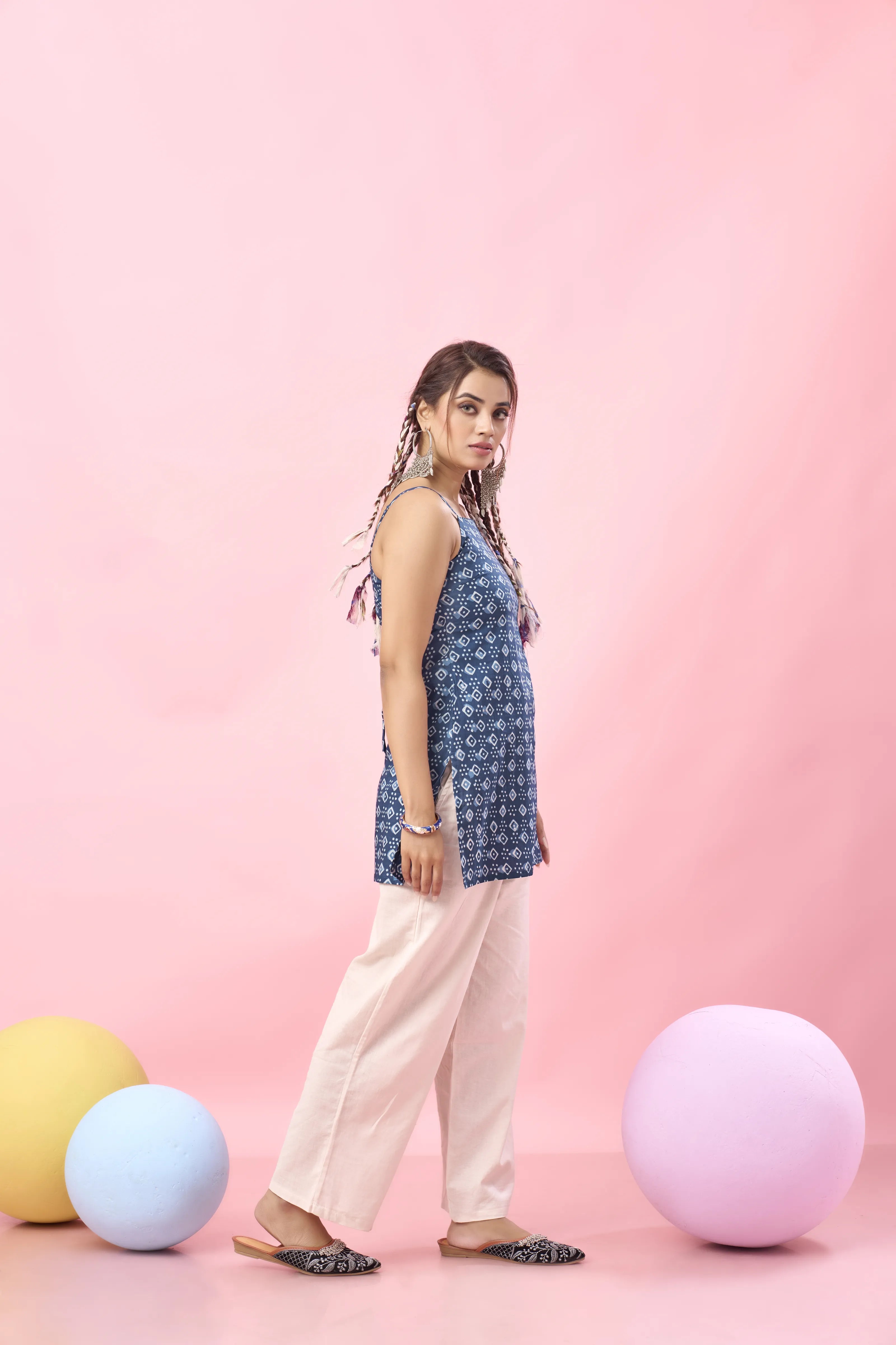 Indigo Diamond & Dot Printed Criss-Cross Tie-Back Cotton Short Kurti