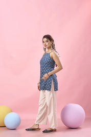 Indigo Diamond & Dot Printed Criss-Cross Tie-Back Cotton Short Kurti