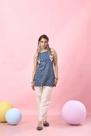 Indigo Diamond & Dot Printed Criss-Cross Tie-Back Cotton Short Kurti