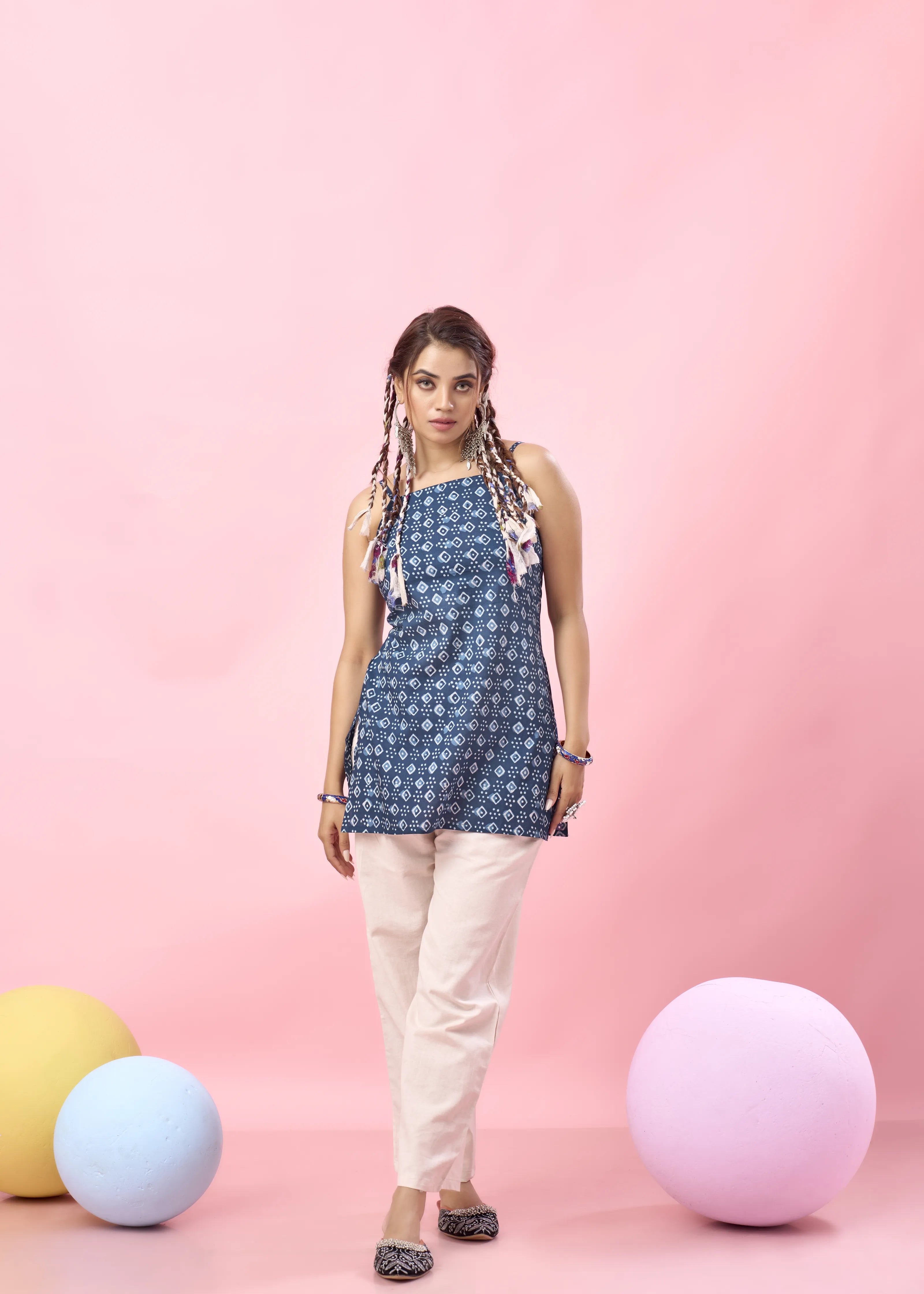 Indigo Diamond & Dot Printed Criss-Cross Tie-Back Cotton Short Kurti