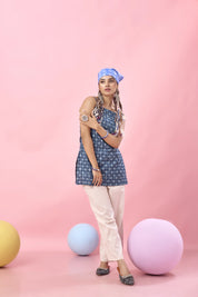 Indigo Diamond & Dot Printed Criss-Cross Tie-Back Cotton Short Kurti