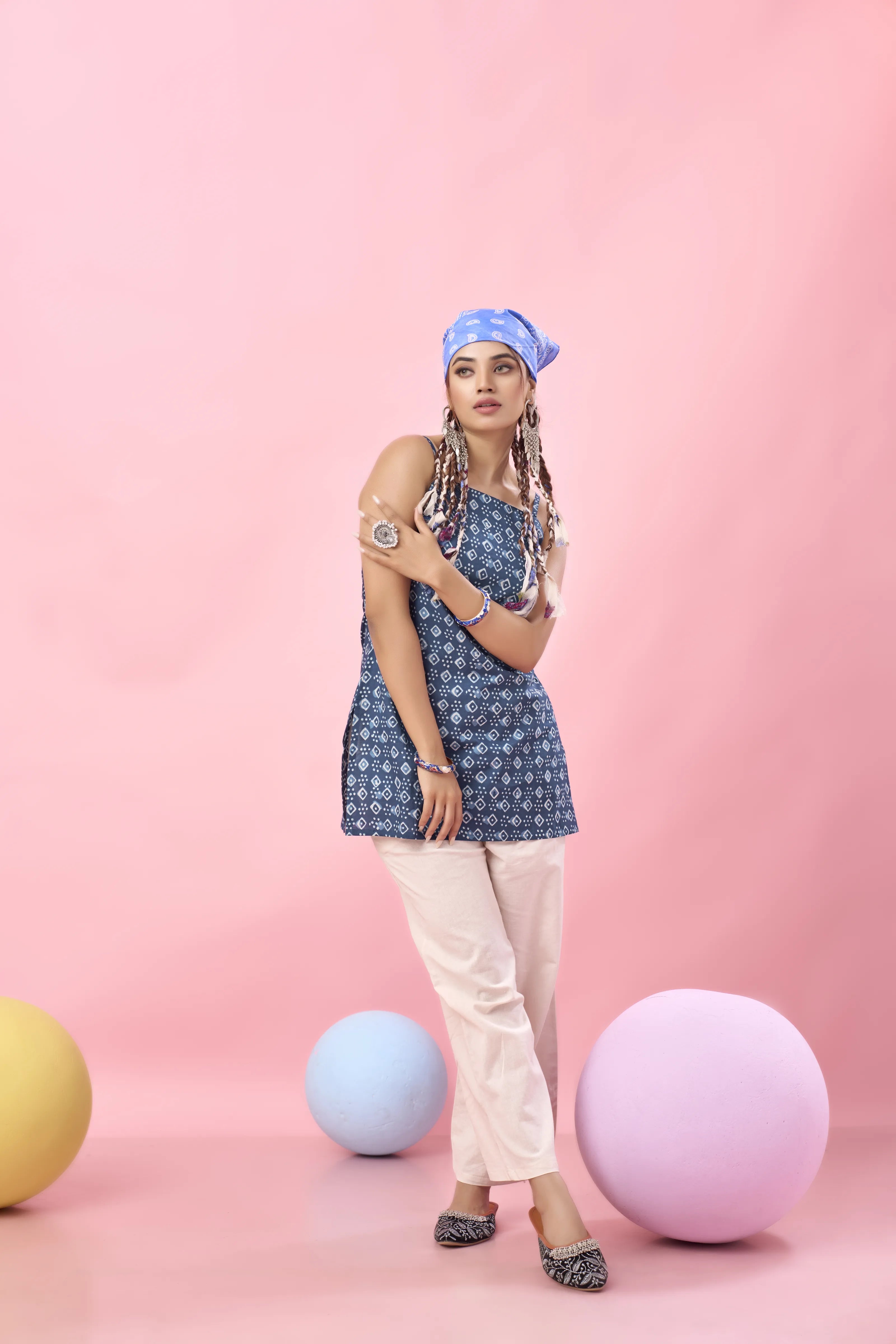 Indigo Diamond & Dot Printed Criss-Cross Tie-Back Cotton Short Kurti