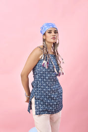 Indigo Diamond & Dot Printed Criss-Cross Tie-Back Cotton Short Kurti
