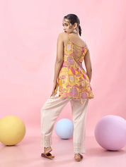 Yellow Jharokha & Pink Floral Criss-Cross Tie-Back Cotton Short Kurti