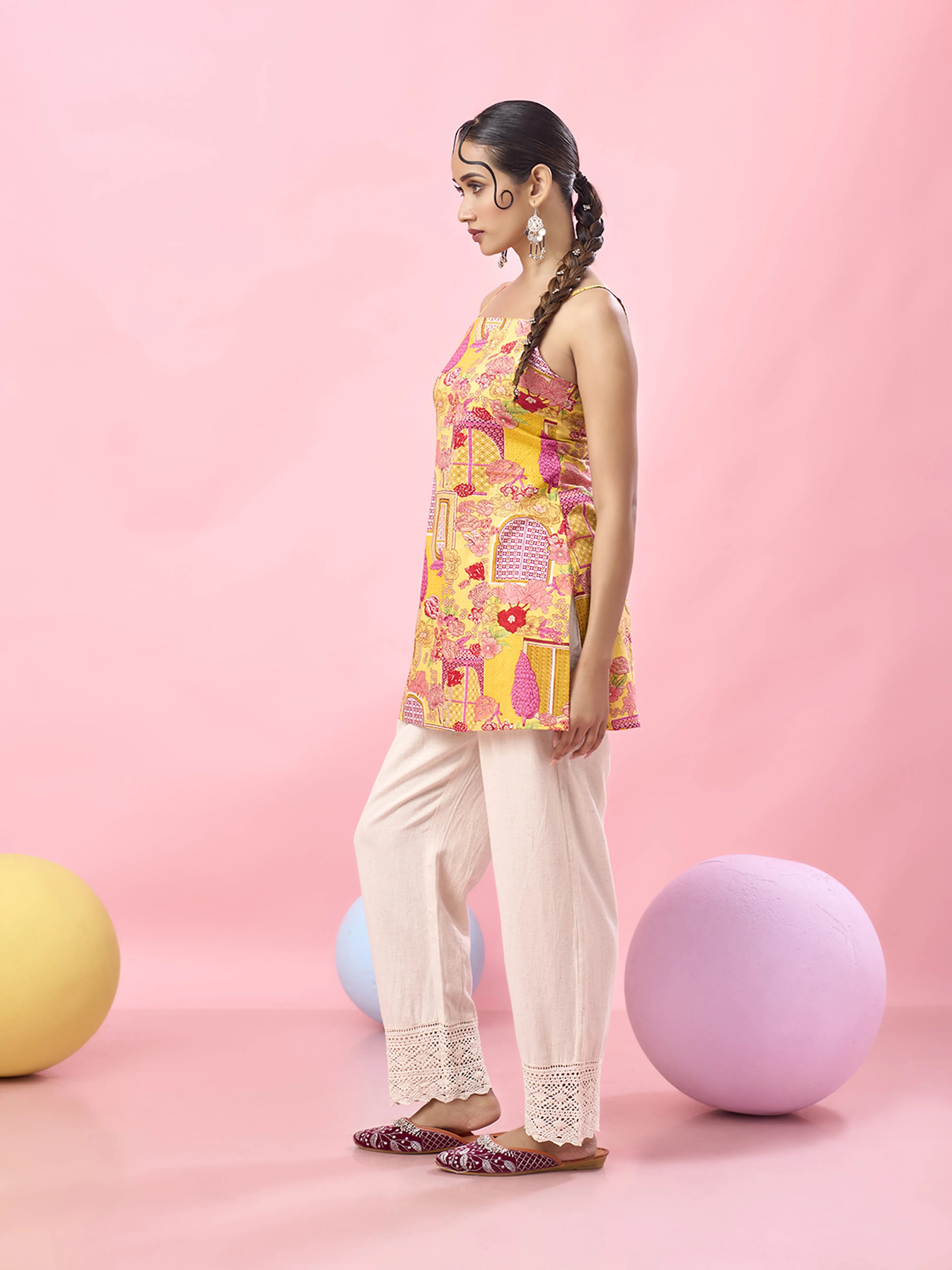 Yellow Jharokha & Pink Floral Criss-Cross Tie-Back Cotton Short Kurti